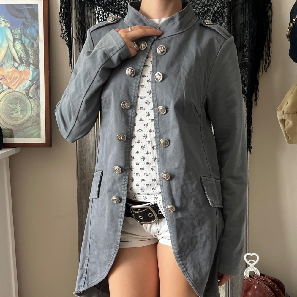 Suzy D Italy Grey Napoleon Punk Trench Coat Jacket Small Ornate Buttons Grunge